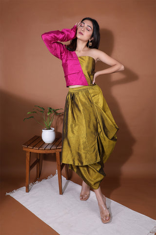 Colour blocked top with draped skirt worn by Surabhi