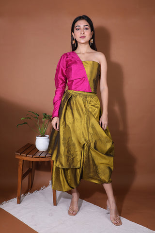 Colour blocked top with draped skirt worn by Surabhi