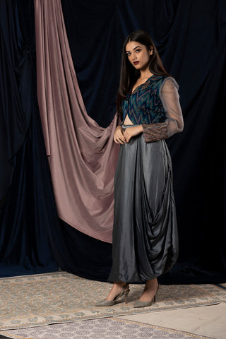 Organza & raw silk Embroidered Blouse & Cotton Satin Skirt Set worn by Shamna Kasim (Purnaa)