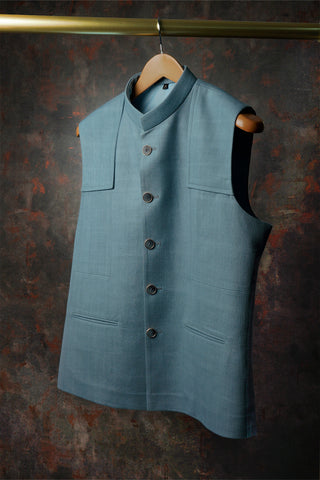 Powder blue panelled Khadi Nehru Jacket