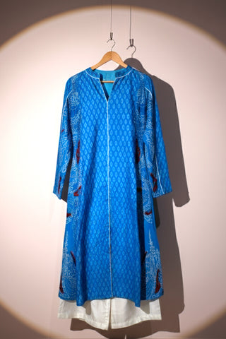 Blue ikkat hand embroidered kurta with Off white silk pants