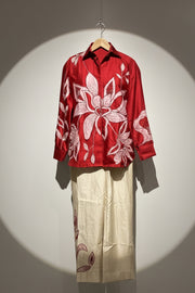 Red silk applique shirt with patchwork silk pant