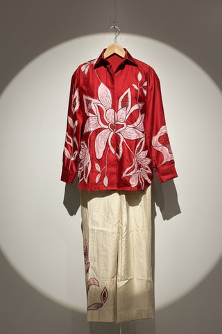 Red silk applique shirt with patchwork silk pant