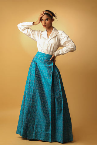 Classic Off White Shirt with Sky Blue Ikat Skirt Set