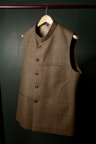 Brown Panelled Khadi Nehru Jacket