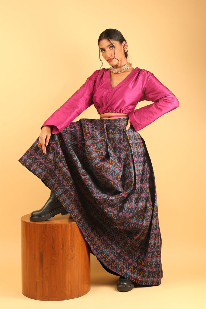 Magenta Silk Top with Deep Purple Ikat Skirt Set – Airavata Weaves