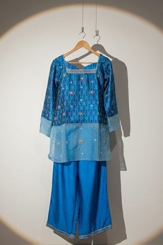 Blue ikat organza paneled short kurta with silk palazzo