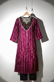 Ikat organza paneled kurta with silk pant and dupatta