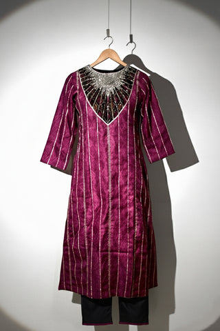 Ikat organza paneled kurta with silk pant and dupatta