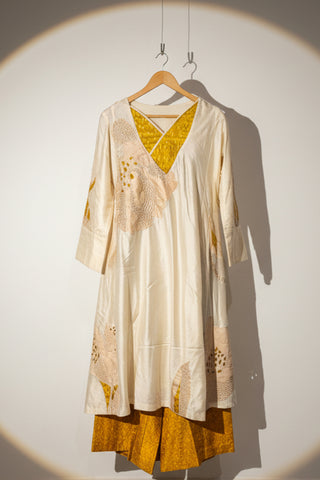 Off white patchwork silk kurta with Yellow silk palazzo pants