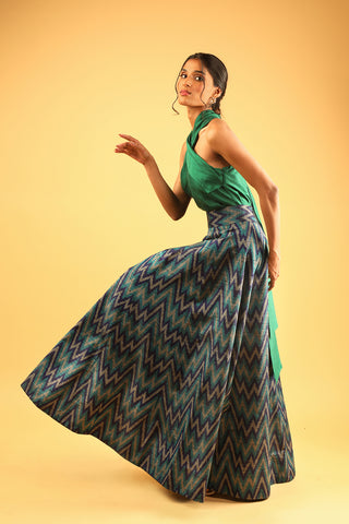 Emerald Silk Halter Top with Chevron Ikat Skirt Set