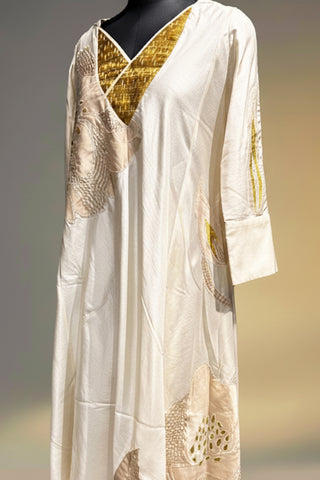 Off white patchwork silk kurta with Yellow silk palazzo pants