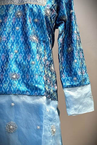 Blue ikat organza paneled short kurta with silk palazzo