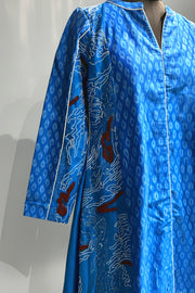 Blue ikkat hand embroidered kurta with Off white silk pants