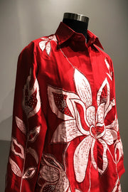 Red silk applique shirt with patchwork silk pant