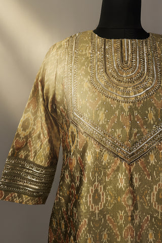 Golden ikat kurta with silk pants and dupatta