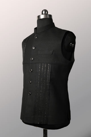 Black Linear Embellished Nehru Jacket