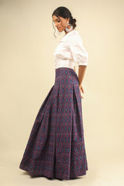 Off White Corset Top with Midnight Blue Ikat Skirt Set