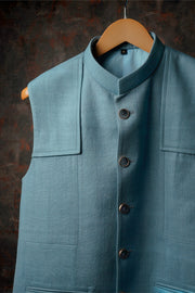 Powder blue panelled Khadi Nehru Jacket