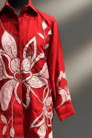 Red silk applique shirt with patchwork silk pant