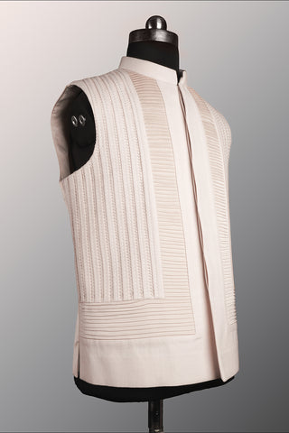 Off White Linear Embroidered Nehru Jacket