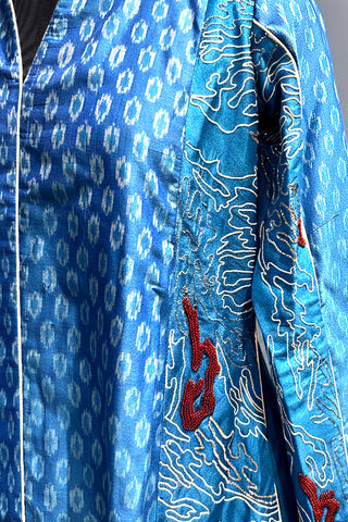 Blue ikkat hand embroidered kurta with Off white silk pants