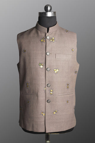 Taupe Embellished Khadi Nehru Jacket