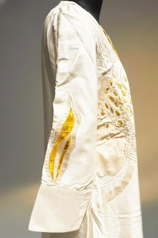 Off white patchwork silk kurta with Yellow silk palazzo pants