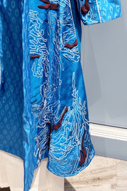 Blue ikkat hand embroidered kurta with Off white silk pants