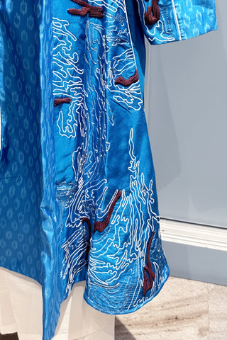 Blue ikkat hand embroidered kurta with Off white silk pants