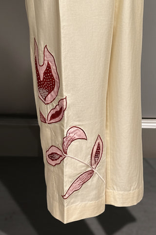 Red silk applique shirt with patchwork silk pant