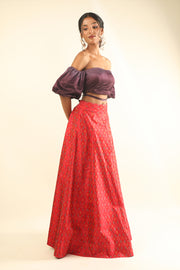 Mauve Ombre Off Shoulder Top with Scarlet Ikat Skirt Set