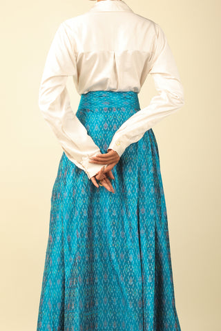 Classic Off White Shirt with Sky Blue Ikat Skirt Set
