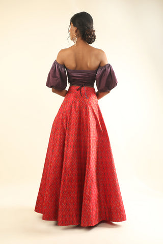 Mauve Ombre Off Shoulder Top with Scarlet Ikat Skirt Set