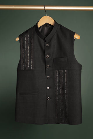 Black Linear Embellished Nehru Jacket