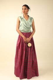 Mint Green Wrap Top with Pink Gathered Ikat Skirt Set