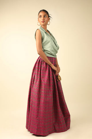 Mint Green Wrap Top with Pink Gathered Ikat Skirt Set
