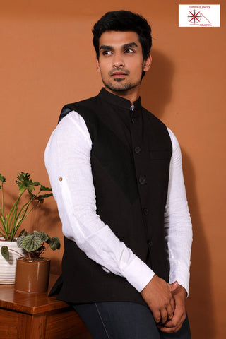 Classic black chorded khadi nehru jacket