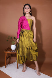 Colour blocked top with draped skirt