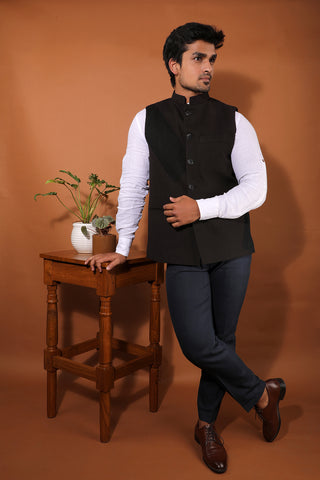 Classic black chorded khadi nehru jacket