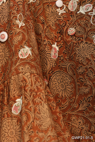 Applique rust kalamkari tiered cotton midi dress