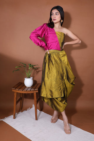 Colour blocked top with draped skirt