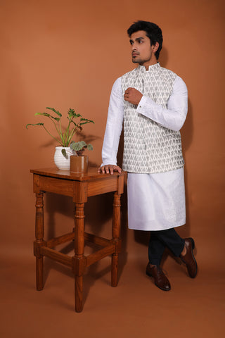 Pochampally Raw Silk Ikat White Nehru Jacket