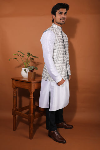 Pochampally Raw Silk Ikat White Nehru Jacket