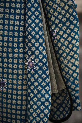 Nehru collar indigo kalamkari cotton tunic with mirror work