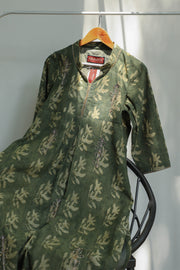 A-line moss green embellished kalamkari chanderi silk kurta