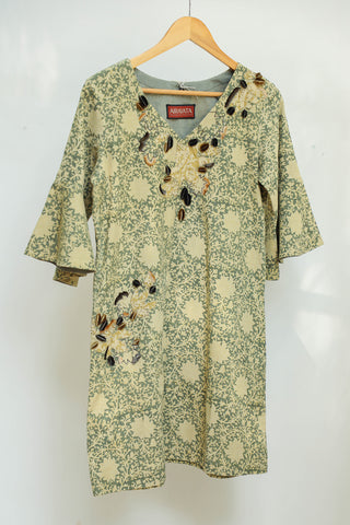 Sage green velvet embellished kalamkari cotton T-shirt dress Airavata Weaves and Textiles Sage green velvet embellished kalamkari cotton T-shirt dress Airavata Weaves and Textiles