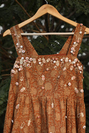 Applique rust kalamkari tiered cotton midi dress