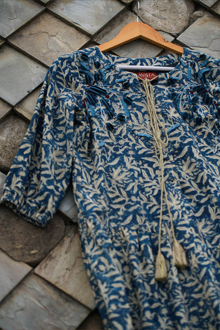 Velvet embroidered, indigo kalamkari cotton summer dress