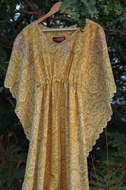 Summery yellow ornamented kalamkari long cotton kaftan